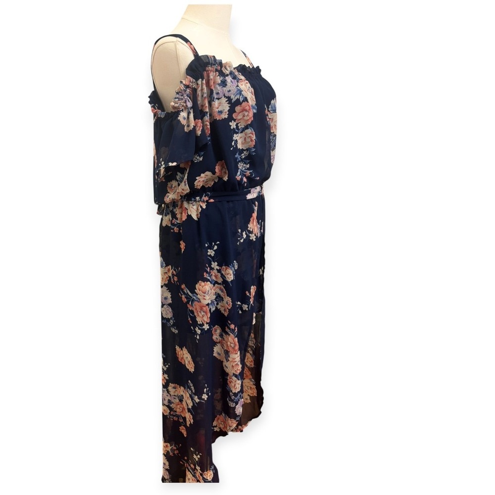 Floral Romper Dress Navy Blue Hi-Low Cold Shoulder Chiffon Boho Large - Picture 3 of 11